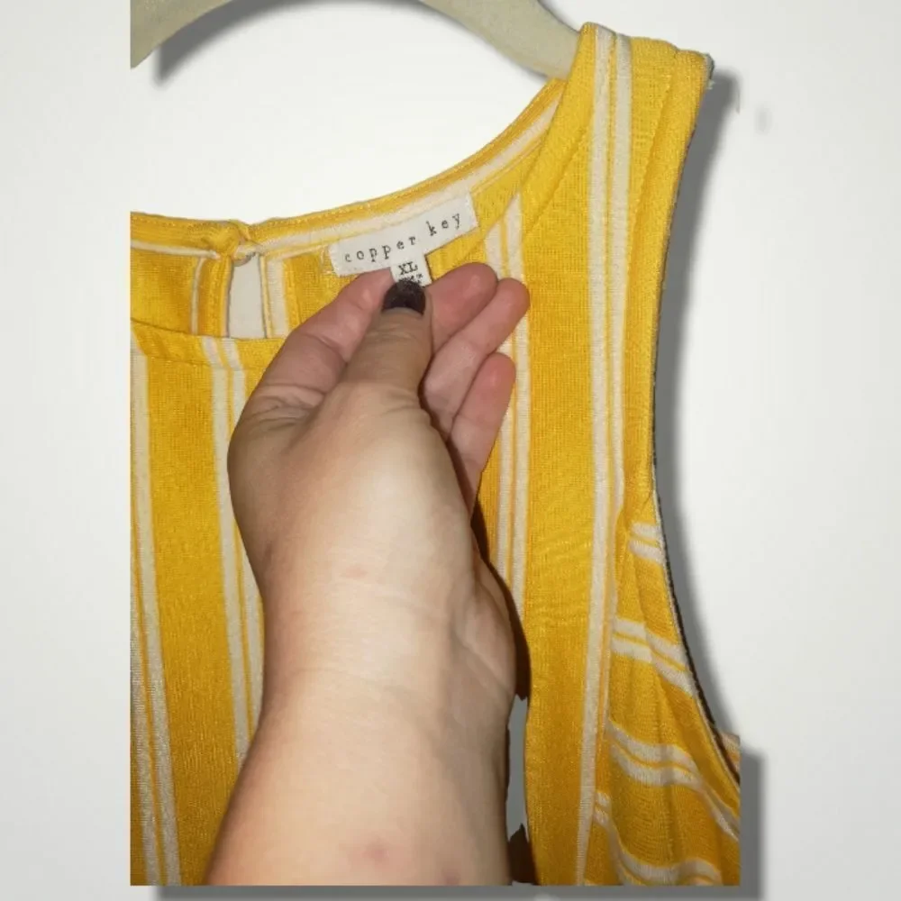Yellow and white striped copper key girls romper XL Butter Yellow